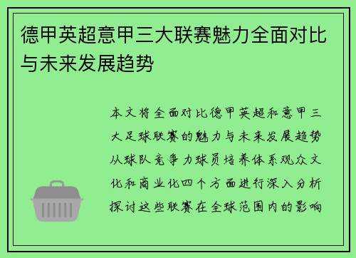 德甲英超意甲三大联赛魅力全面对比与未来发展趋势